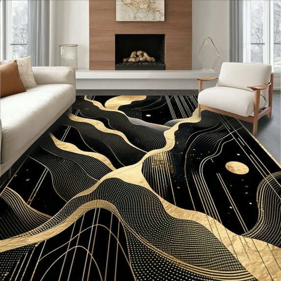 Flatwoven High Traffic Area Rug, Elegant Black Gold Geometric Waves, Non Slip, Stain Resistant, Washable Area Rugs for Living Room, Bedroom(Black, 4X6)