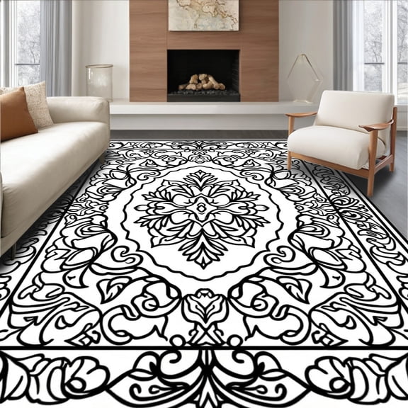 ODIKA 4'x6' Machine Washable Non-Slip Area Rug, Elegant Black & Damask High Traffic Rug, Black, 297437