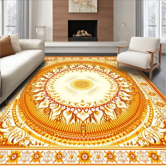 ODIKA 8'x10' Machine Washable Non-Slip Area Rug, Elegant Boho Sunburst Bathroom High Traffic Rug, Yellow, 60197