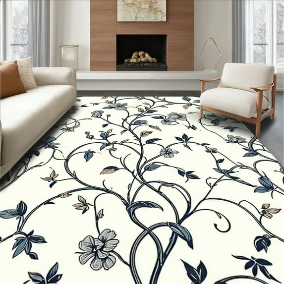 Flatwoven High Traffic Area Rug, Elegant Botanical Floral Tapestry With Intricate Vine, Non Slip, Stain Resistant, Washable Area Rugs for Living Room, Bedroom(Ivory, 4X6)