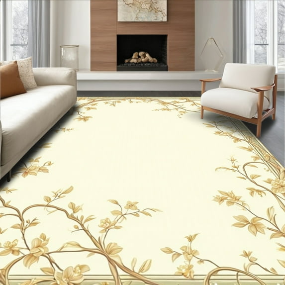 ODIKA 4'x6' Machine Washable Non-Slip Area Rug, Elegant Botanical Scrollwork for Farmhouse High Traffic Rug, Beige, 82041
