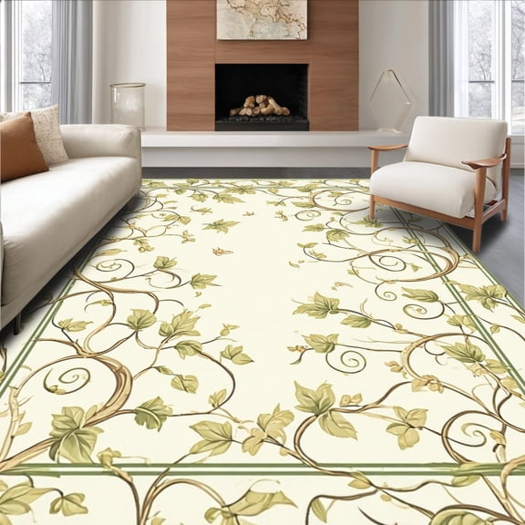 ODIKA 4'x6' Machine Washable Non-Slip Area Rug, Elegant Botanical Scrollwork with Subtle Leaf Motifs High Traffic Rug, Ivory, 156059