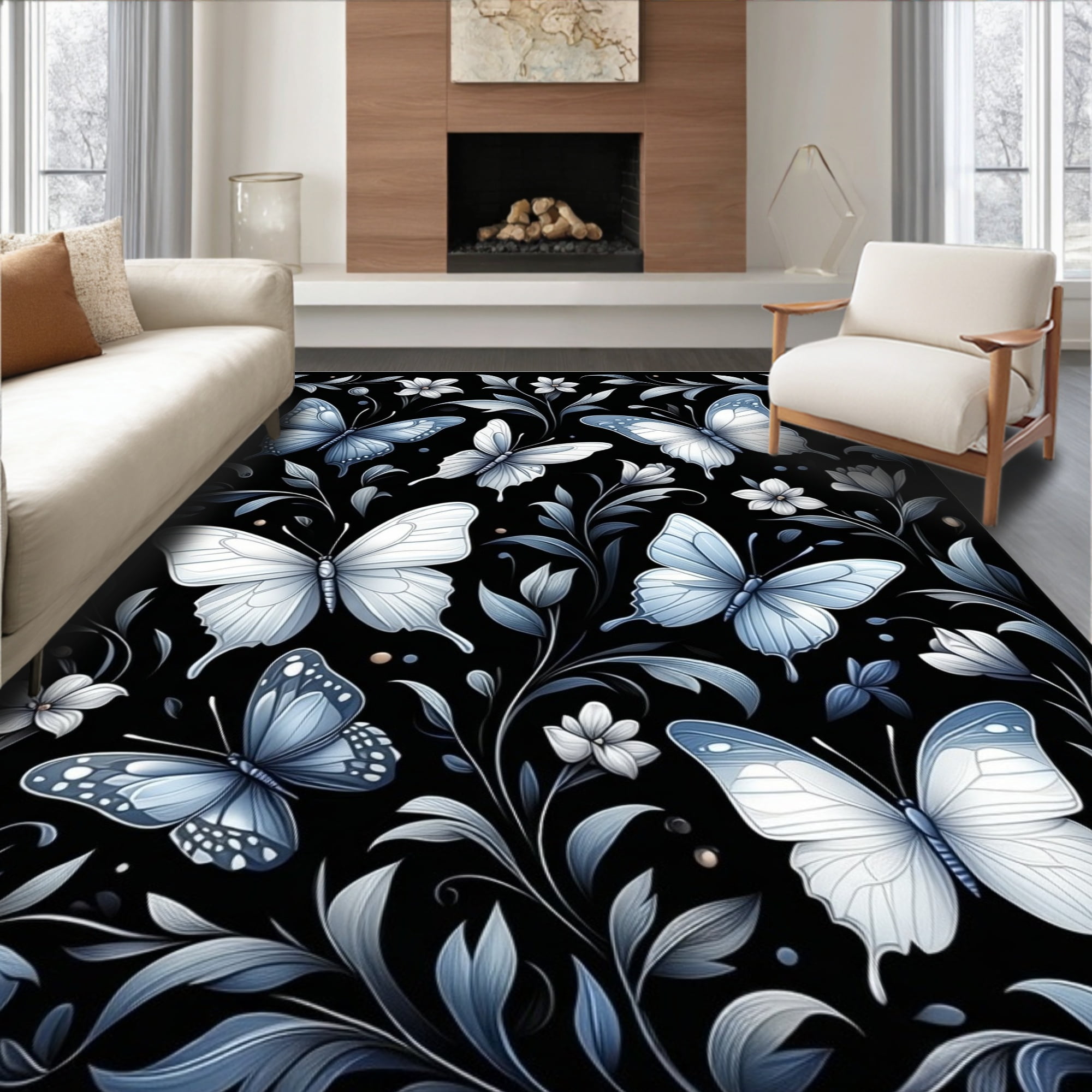 Flatwoven High Traffic Area Rug, Elegant Butterfly Silhouettes with ...
