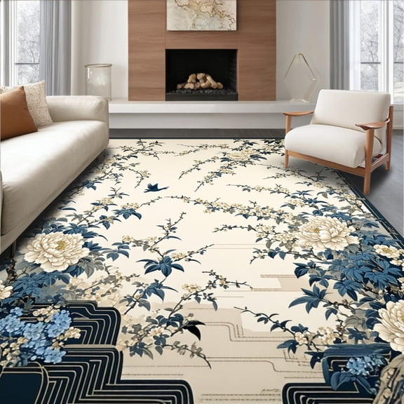 ODIKA 4'x6' Machine Washable Non-Slip Area Rug, Elegant with Classic Chinoiserie Motif for Living High Traffic Rug, Beige, 64852