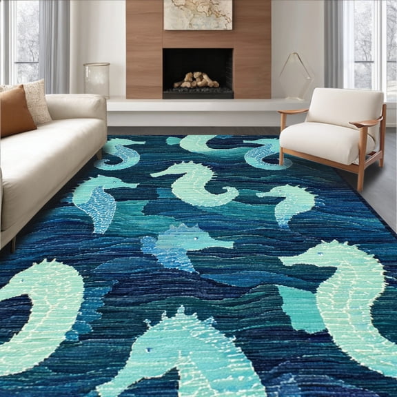 Flatwoven High Traffic Area Rug, Elegant Coastal Seahorse with Blue Gradient and Symmetrical Wave, Non Slip, Stain Resistant, Washable Area Rugs for Living Room, Bedroom(Blue, 4X6)