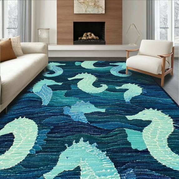 Flatwoven High Traffic Area Rug, Elegant Coastal Seahorse with Blue Gradient and Symmetrical Wave, Non Slip, Stain Resistant, Washable Area Rugs for Living Room, Bedroom(Blue, 4X6)