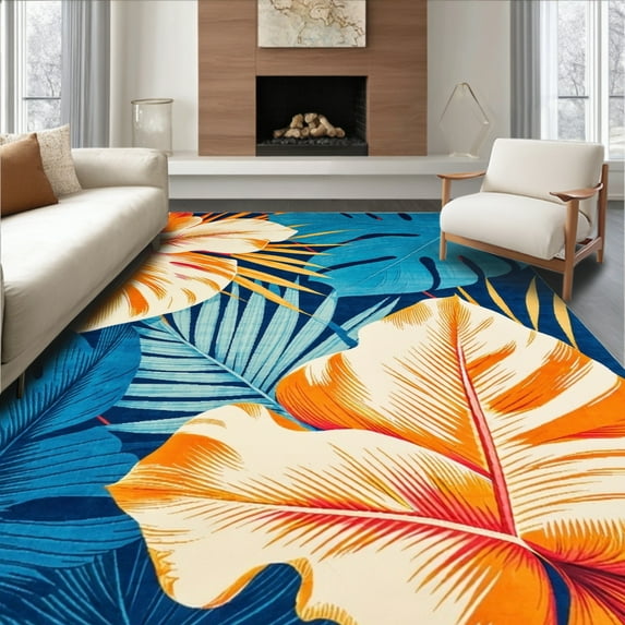 ODIKA 6'x9' Machine Washable Non-Slip Area Rug, Elegant Colorful Tropical Aesthetic High Traffic Rug, Blue, 19492
