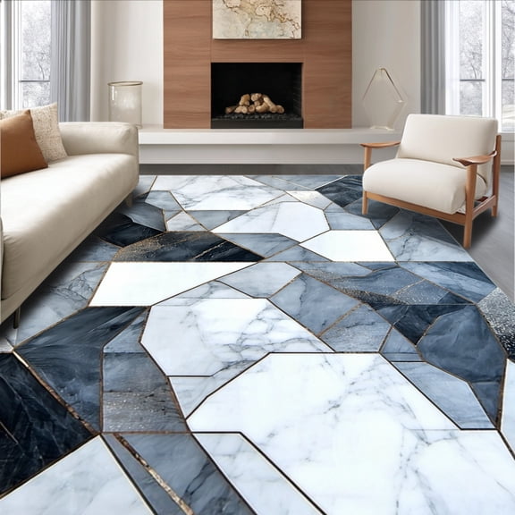 ODIKA 5'x7' Machine Washable Non-Slip Area Rug, Elegant Crystal Inspired Faceted Polygon with Shimmering Accents High Traffic Rug, Gray, 184425