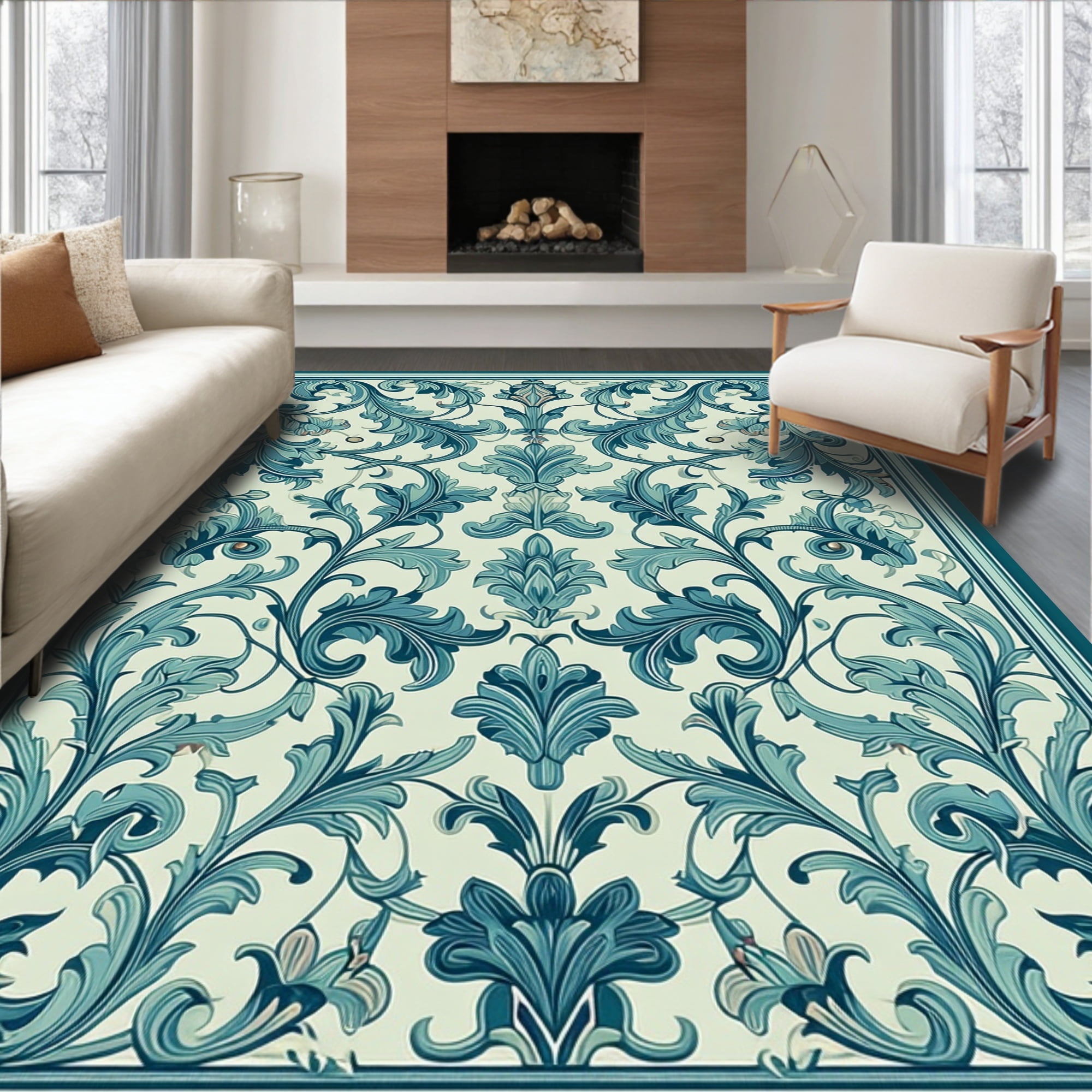 Flatwoven High Traffic Area Rug, Elegant Damask Floral with Curved Leaf ...