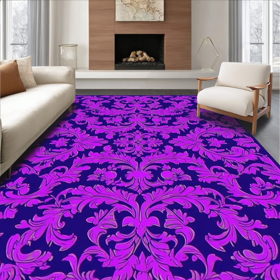ODIKA 6'x9' Machine Washable Non-Slip Area Rug, Elegant Damask Swirl With Sophisticated Scrollwork High Traffic Rug, Purple, 252170