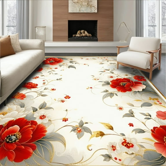 ODIKA 5'x7' Machine Washable Non-Slip Area Rug, Elegant Earthy Floral High Traffic Rug, Red, 20560