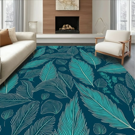 ODIKA 2'x3' Machine Washable Non-Slip Area Rug, Elegant Feathered Accent Wild Animal Style High Traffic Rug, Blue, 288748