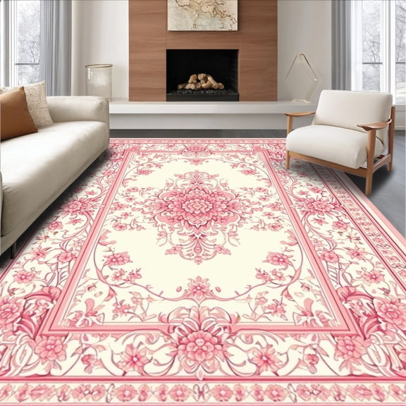 ODIKA 8'x10' Machine Washable Non-Slip Area Rug, Elegant Floral Archway with Symmetrical Medallion Motif High Traffic Rug, Pink, 155189