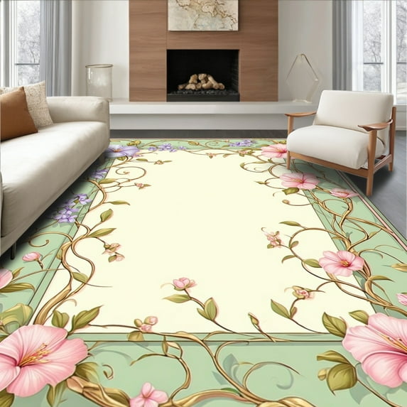 ODIKA 5'x7' Machine Washable Non-Slip Area Rug, Elegant Floral Boho with Aesthetic Ornamental Design High Traffic Rug, Ivory, 79583