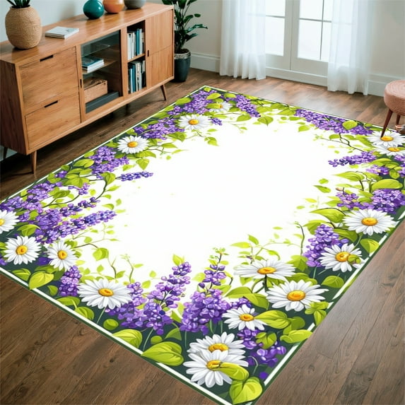 ODIKA 3'x5' Machine Washable Non-Slip Area Rug, Elegant Floral Border with Daisy and Lavender Motifs High Traffic Rug, Purple, 228521