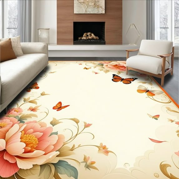 ODIKA 2'x3' Machine Washable Non-Slip Area Rug, Elegant Floral Insect Motif for Living Spaces High Traffic Rug, Peach, 156132