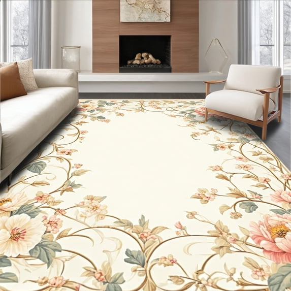 ODIKA 2'x3' Machine Washable Non-Slip Area Rug, Elegant Floral Medallion with Delicate Curvilinear Motifs High Traffic Rug, Ivory, 233318