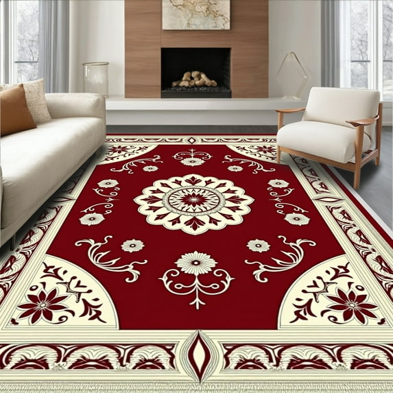 Flatwoven High Traffic Area Rug, Elegant Floral Medallion Design Featuring Rich Crimson and Cream, Non Slip, Stain Resistant, Washable Area Rugs for Living Room, Bedroom(Red, 4X6)