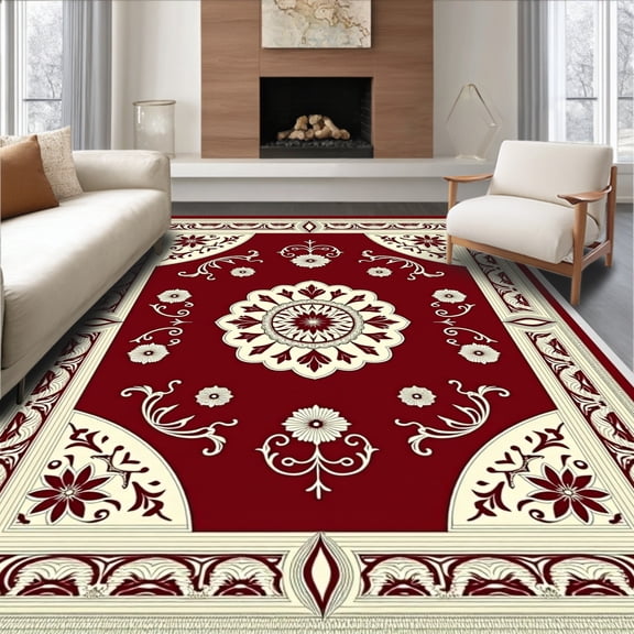 Flatwoven High Traffic Area Rug, Elegant Floral Medallion Design Featuring Rich Crimson and Cream, Non Slip, Stain Resistant, Washable Area Rugs for Living Room, Bedroom(Red, 4X6)