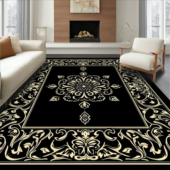 ODIKA 6' Machine Washable Non-Slip Area Rug, Elegant Floral Medallion with Victorian Animal Motifs High Traffic Rug, Black, 303625