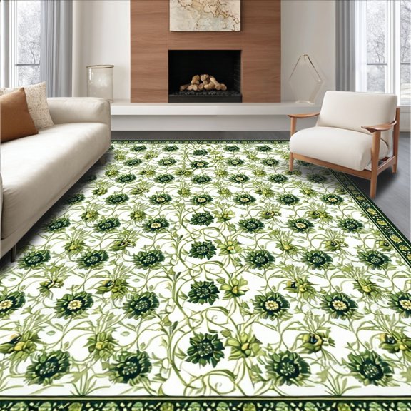Flatwoven High Traffic Area Rug, Elegant Floral Ring Rug with Repeated Bloom Clusters and Radiating Vine Elements, Non Slip, Stain Resistant, Washable Area Rugs for Living Room, Bedroom(Green, 6X9)