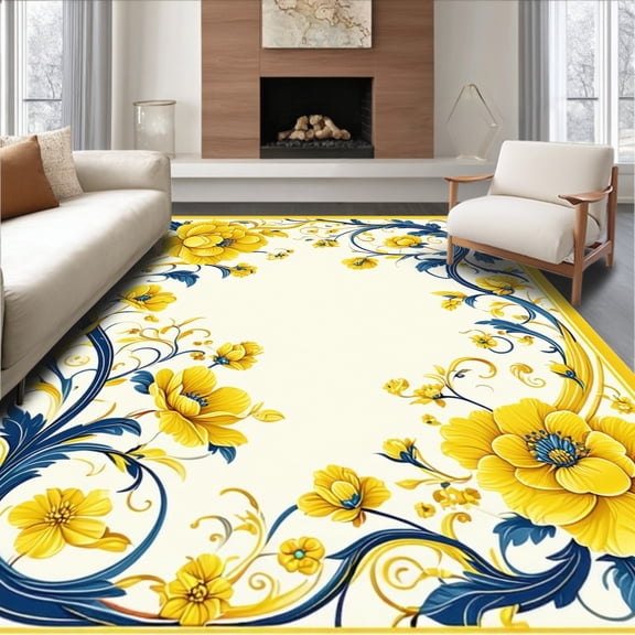 ODIKA 4'x6' Machine Washable Non-Slip Area Rug, Elegant Floral Swirls with Radiant Subtle Blue Highlights Yellow High Traffic Rug, Yellow, 217053