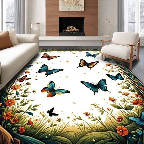 ODIKA 4'x6' Machine Washable Non-Slip Area Rug, Elegant Fluttering Decorative Design High Traffic Rug, Blue, 183601