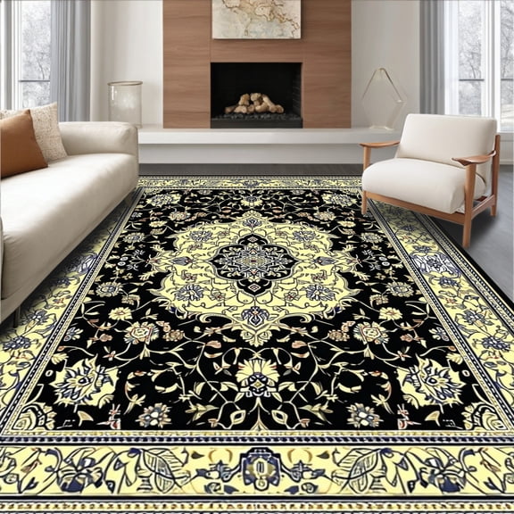 ODIKA 2'x3' Machine Washable Non-Slip Area Rug, Elegant French Classic Symmetrical High Traffic Rug, Black, 35440