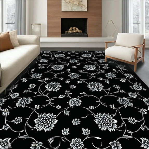 ODIKA 4'x6' Machine Washable Non-Slip Area Rug, Elegant Gothic Floral Non Slip Pile High Traffic Rug, Black, 83796