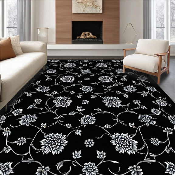 ODIKA 8'x10' Machine Washable Non-Slip Area Rug, Elegant Gothic Floral Non Slip Pile High Traffic Rug, Black, 83796