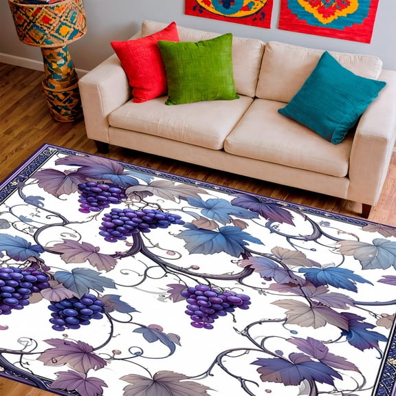 Flatwoven High Traffic Area Rug, Elegant Grape Cluster Vine With Curvilinear Flourishes, Non Slip, Stain Resistant, Washable Area Rugs for Living Room, Bedroom(Purple, 2X3)