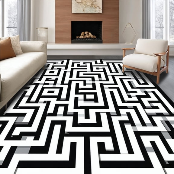 ODIKA 4'x6' Machine Washable Non-Slip Area Rug, Elegant Interlocking Maze Labyrinth Symmetrical Designer Accent High Traffic Rug, Gray, 141093