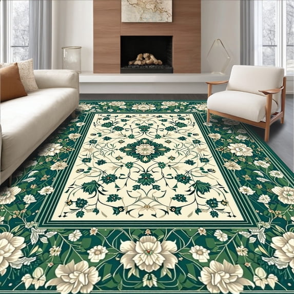 ODIKA 6'x9' Machine Washable Non-Slip Area Rug, Elegant with Intricate Floral and Geometric High Traffic Rug, Green, 58056