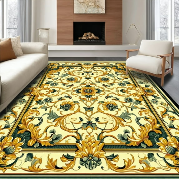 ODIKA 2'x3' Machine Washable Non-Slip Area Rug, Elegant Italian Inspired Scrollwork With Baroque Floral Elegance High Traffic Rug, Yellow, 166367