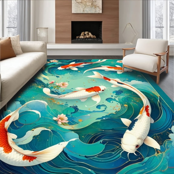 ODIKA 4'x6' Machine Washable Non-Slip Area Rug, Elegant Koi Fish Pond Motif Water Ripple Effect Artistic Design High Traffic Rug, Teal, 197173