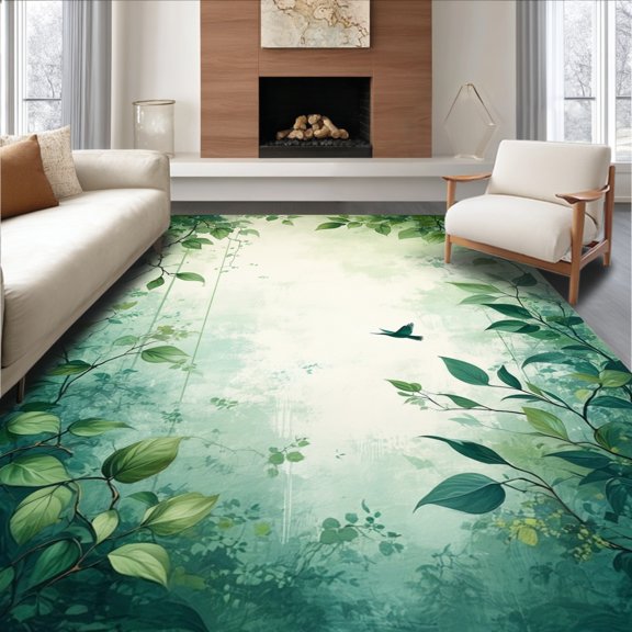 Flatwoven High Traffic Area Rug, Elegant Leaf Motif Rug with Intricate Botanical Silhouettes and Flowing Lines, Non Slip, Stain Resistant, Washable Area Rugs for Living Room, Bedroom(Green, 2X3)