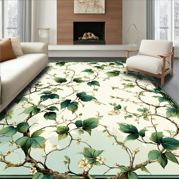 ODIKA 5'x7' Machine Washable Non-Slip Area Rug, Elegant Leaf Vine Decorative Surface Covering High Traffic Rug, Green, 200075