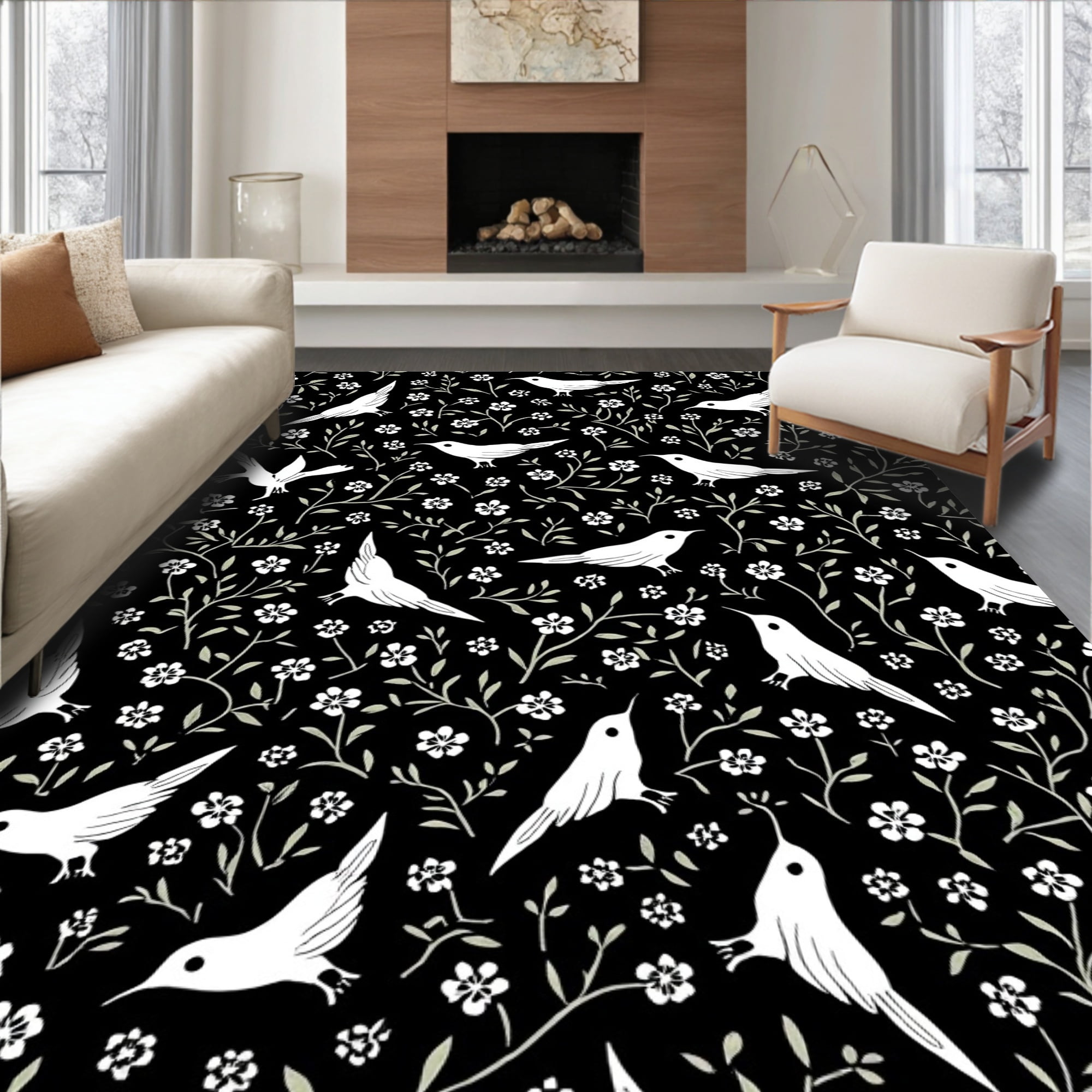 Flatwoven High Traffic Area Rug, Elegant Magpie Birds Amidst Delicate ...
