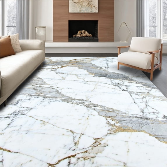 ODIKA 8'x10' Machine Washable Non-Slip Area Rug, Elegant Marble Pile with Non Slip Backing High Traffic Rug, White, 84875