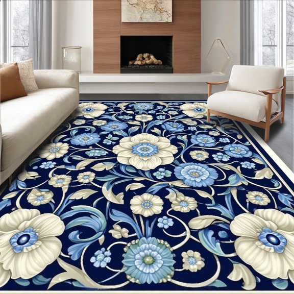 Flatwoven High Traffic Area Rug, Elegant Melrose Floral Medallion with Ornate Symmetry and Flow, Non Slip, Stain Resistant, Washable Area Rugs for Living Room, Bedroom(Blue, 2X3)