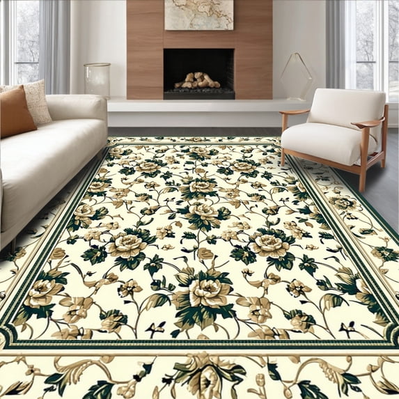 ODIKA 5'x7' Machine Washable Non-Slip Area Rug, Elegant Neutral Floral High Traffic Rug, Beige, 44329