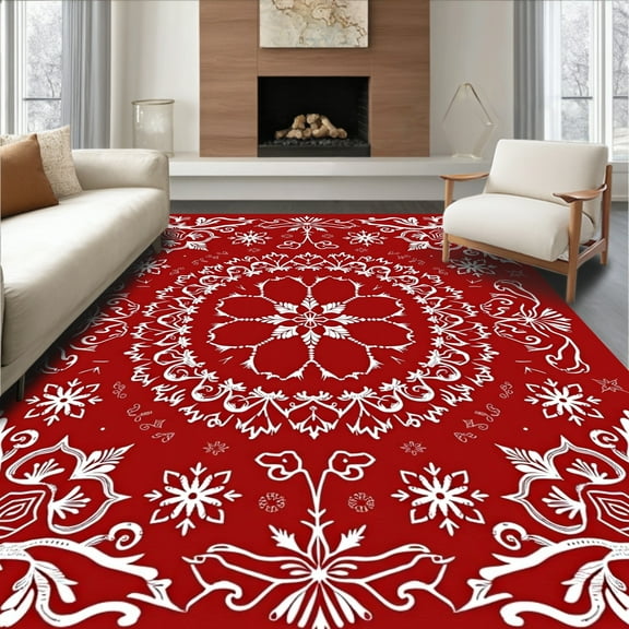 ODIKA 5'x7' Machine Washable Non-Slip Area Rug, Enchanted Frosty Crystal Elegant Seasonal Celebration Decorative High Traffic Rug, Red, 501477