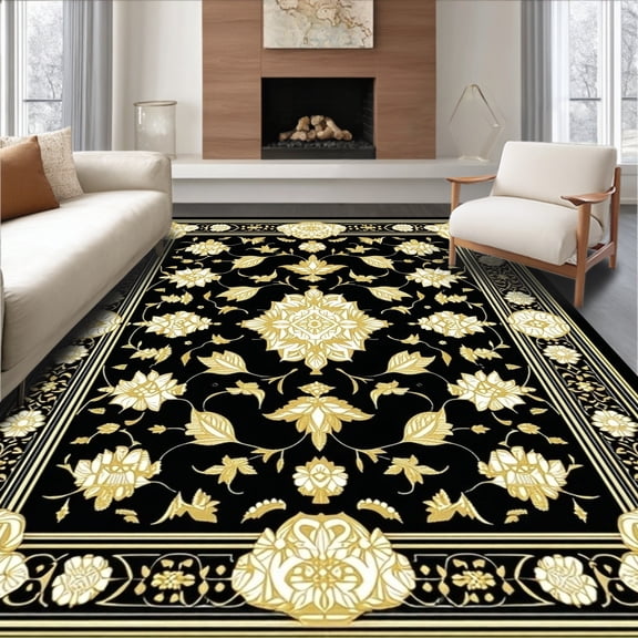 ODIKA 8'x10' Machine Washable Non-Slip Area Rug, Elegant in Stylish Gold and Dark Grey Palette High Traffic Rug, Black, 113935