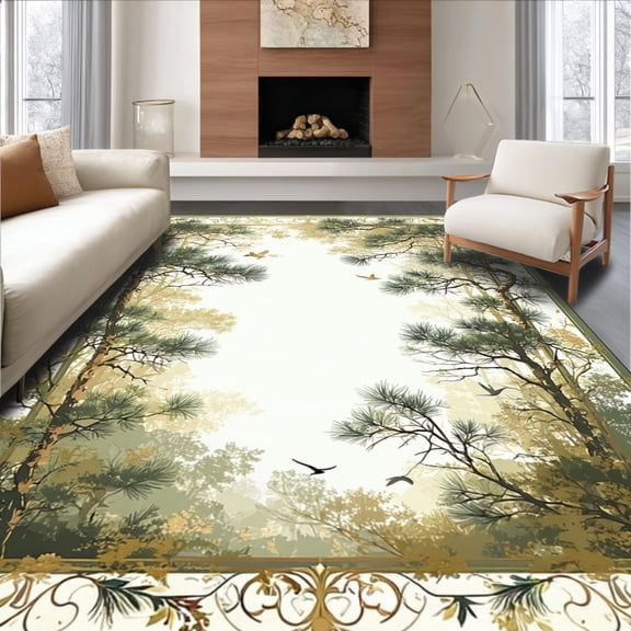 ODIKA 8'x10' Machine Washable Non-Slip Area Rug, Elegant Pine with Refined Scrollwork and Vintage Detailing High Traffic Rug, Green, 164742