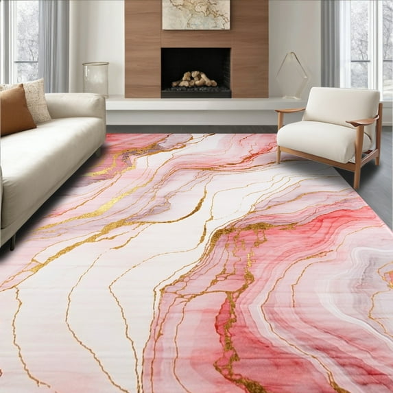 Flatwoven High Traffic Area Rug, Elegant Pink Marble Aesthetic, Non Slip, Stain Resistant, Washable Area Rugs for Living Room, Bedroom(Pink, 4X6)