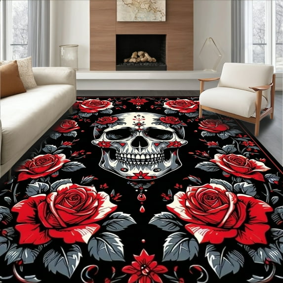 ODIKA 5'x7' Machine Washable Non-Slip Area Rug, Elegant and Black Motif High Traffic Rug, Red, 19259