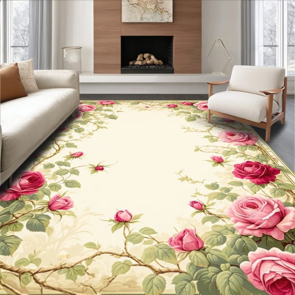 ODIKA 5'x7' Machine Washable Non-Slip Area Rug, Elegant Rose Garden Intricate Floral High Traffic Rug, Pink, 210666
