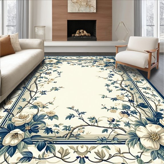 ODIKA 4'x6' Machine Washable Non-Slip Area Rug, Elegant Round with Stylized Floral Vines and Symmetrical Motifs High Traffic Rug, Ivory, 230168