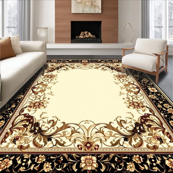 ODIKA 8'x10' Machine Washable Non-Slip Area Rug, Elegant with Classic Scrollwork and Interlaced Borders High Traffic Rug, Beige, 156594