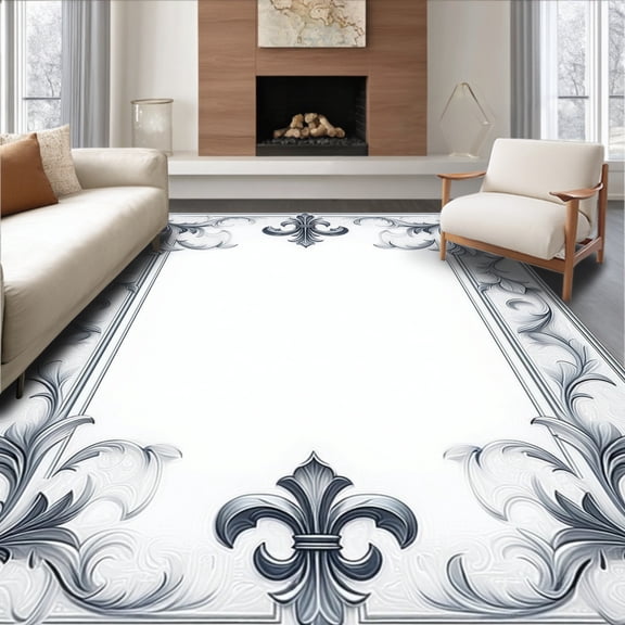 Flatwoven High Traffic Area Rug, Elegant Scroll and Fleur De Lis with Classic Symmetry, Non Slip, Stain Resistant, Washable Area Rugs for Living Room, Bedroom(Silver, 8X10)